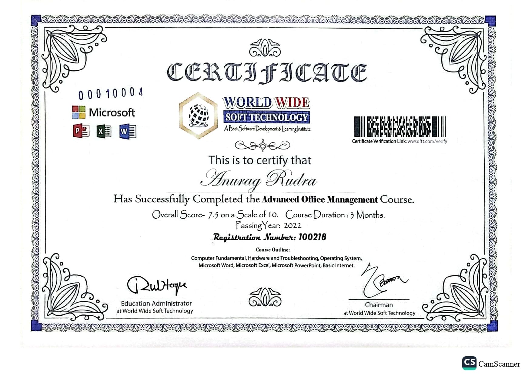 Certificate for Advance Office Management
