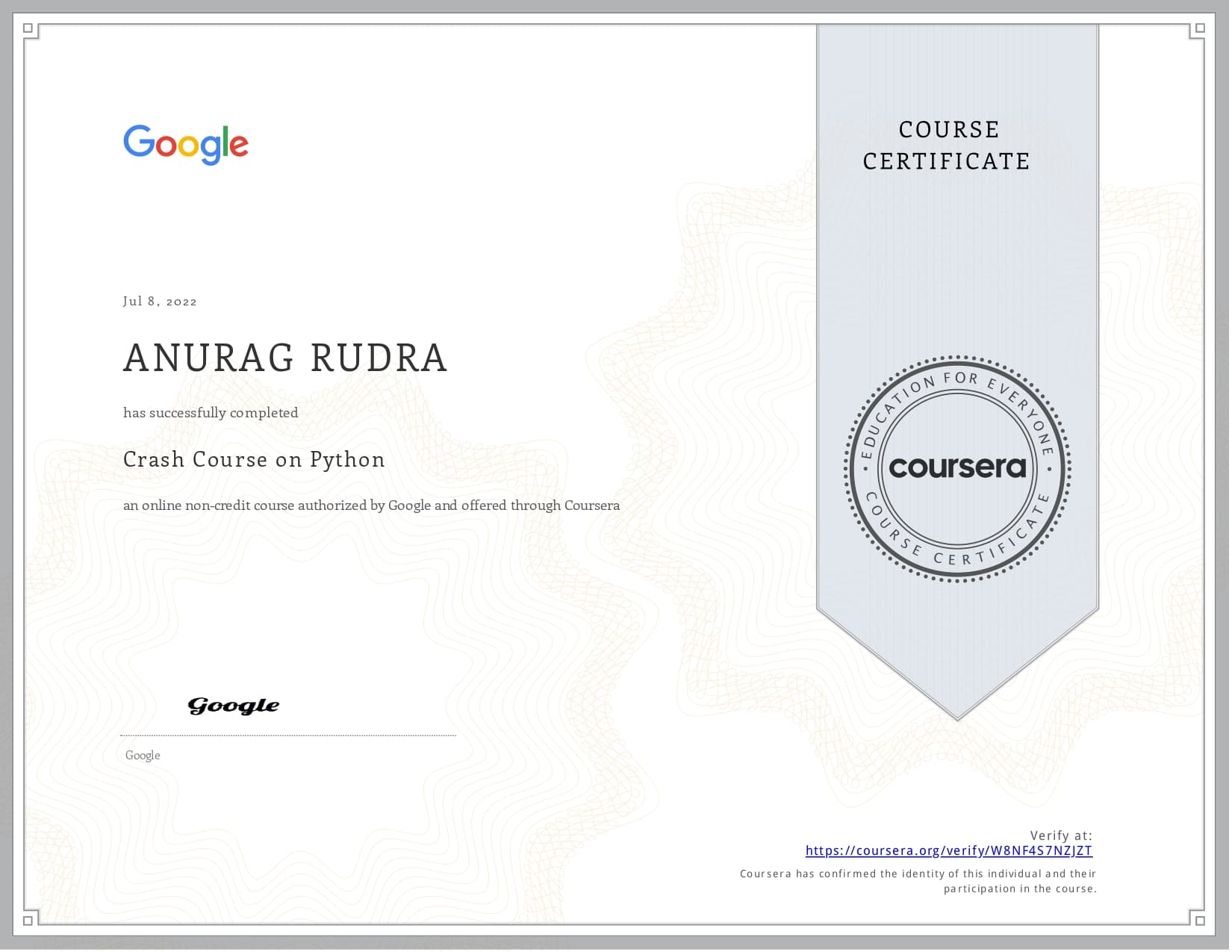 Certificate for Crash Course on Python