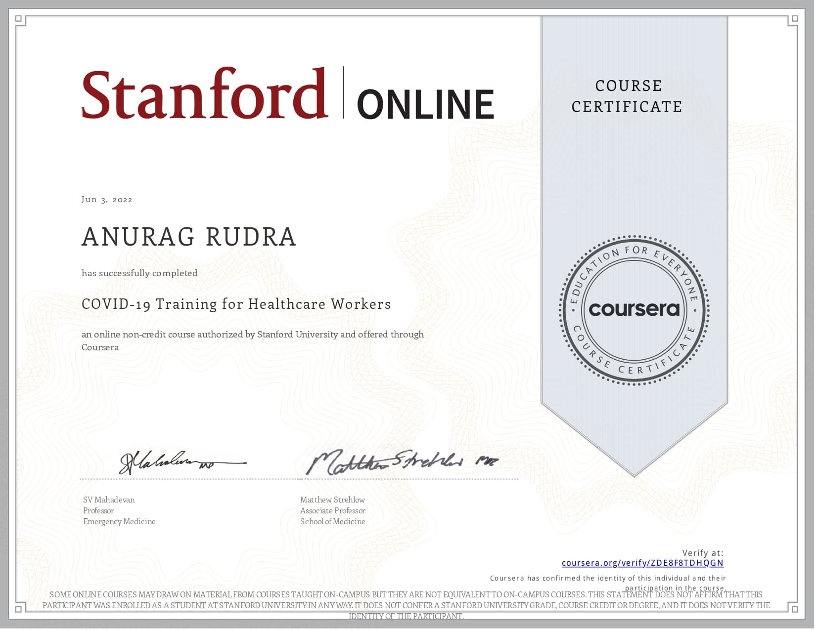 Certificate for COVID-19 Training for Healthcare Workers